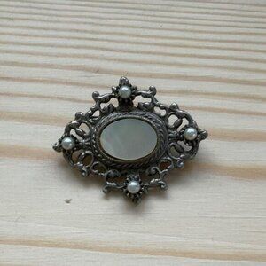 Vintage Oval Brooch With Faux Pearls & Mother Of Pearl Accent Silver-Tone Metal